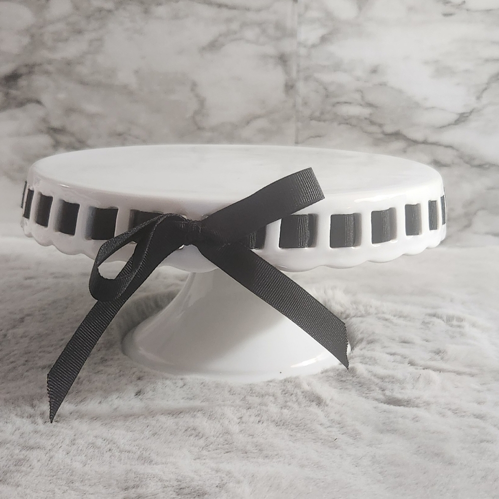 Elegant White Cake Stand with Black Ribbon